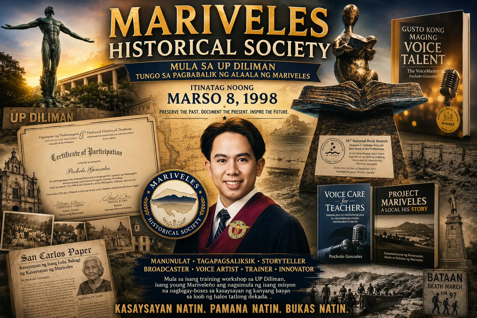 Collage ng tagapagtatag na si Pocholo De Leon Gonzales kasama ang mga dokumento, aklat at larawan ng kasaysayan ng Mariveles